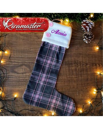 Calza della Befana in Tartan personalizzata quadroni rosa e grigio